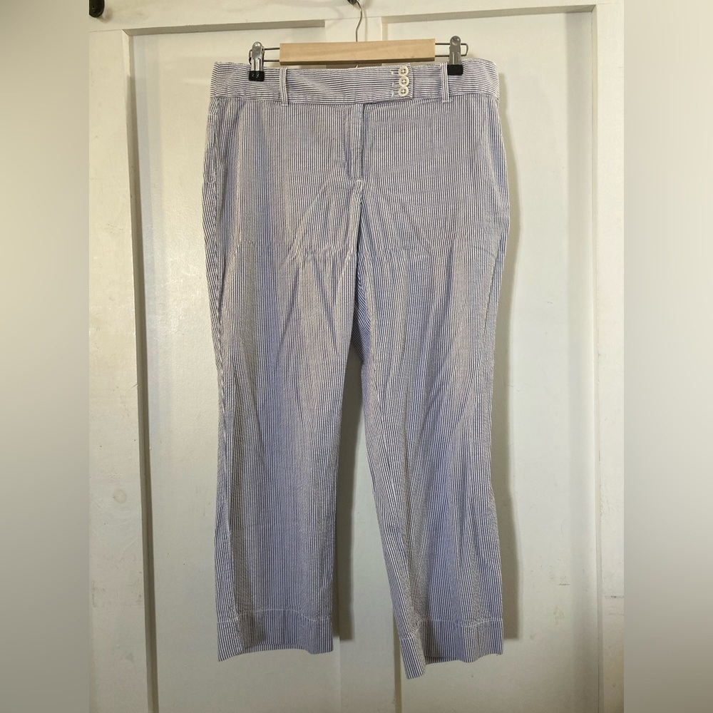 Loft Marisa 10 blue and white pinstriped pants three button waist 100% cotton